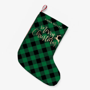 Elegant Gold Merry Christmas Black & Green Plaid Small Christmas Stocking
