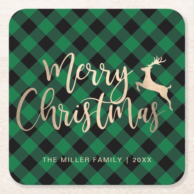 Elegant Gold Merry Christmas Black & Green Plaid Square Paper Coaster (Front)