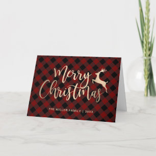 Elegant Gold Merry Christmas Black & Red Plaid Card