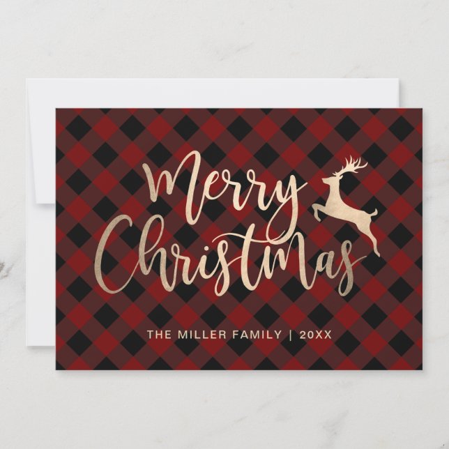 Elegant Gold Merry Christmas Black & Red Plaid Holiday Card (Front)