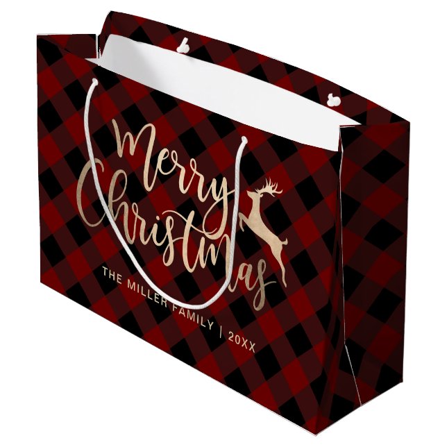 Elegant Gold Merry Christmas Black & Red Plaid Large Gift Bag (Back Angled)