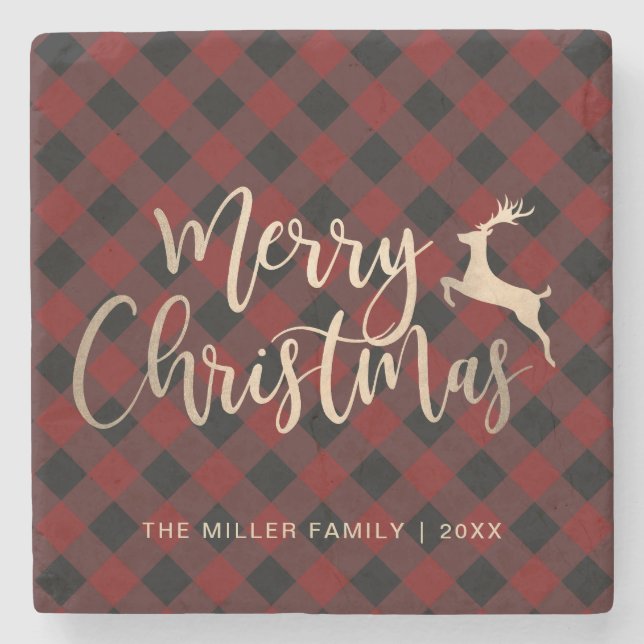 Elegant Gold Merry Christmas Black & Red Plaid Stone Coaster (Front)