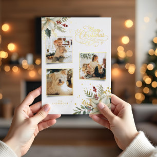 Elegant Gold Merry Christmas Botanical 3-Photo Foil Holiday Card