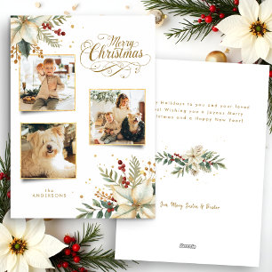 Elegant Gold Merry Christmas Botanical 3-Photo Holiday Card