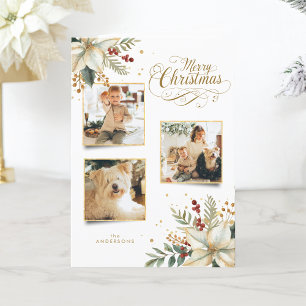 Elegant Gold Merry Christmas Botanical 3-Photo Holiday Card