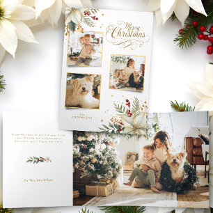 Elegant Gold Merry Christmas Botanical 3-Photo Tri-Fold Holiday Card