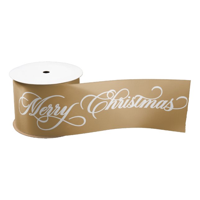 Elegant Gold Merry Christmas Calligraphy Holiday Satin Ribbon (Spool)