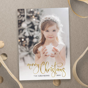 Elegant Gold Merry Christmas Calligraphy Photo Holiday Card