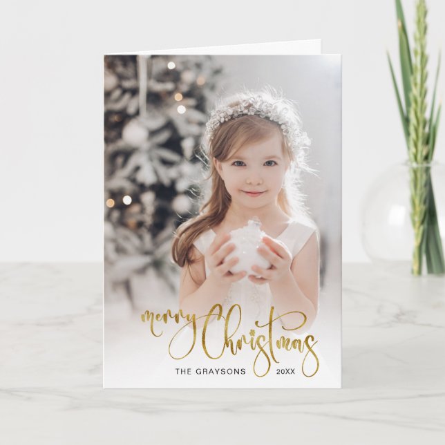 Elegant Gold Merry Christmas Calligraphy Photo Holiday Card (Front)