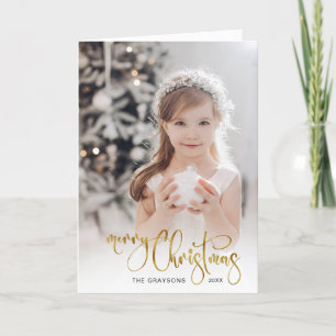 Elegant Gold Merry Christmas Calligraphy Photo Holiday Card
