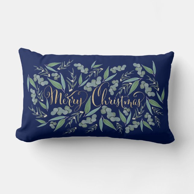 Elegant Gold Merry Christmas Eucalyptus Navy Blue Lumbar Cushion (Front)