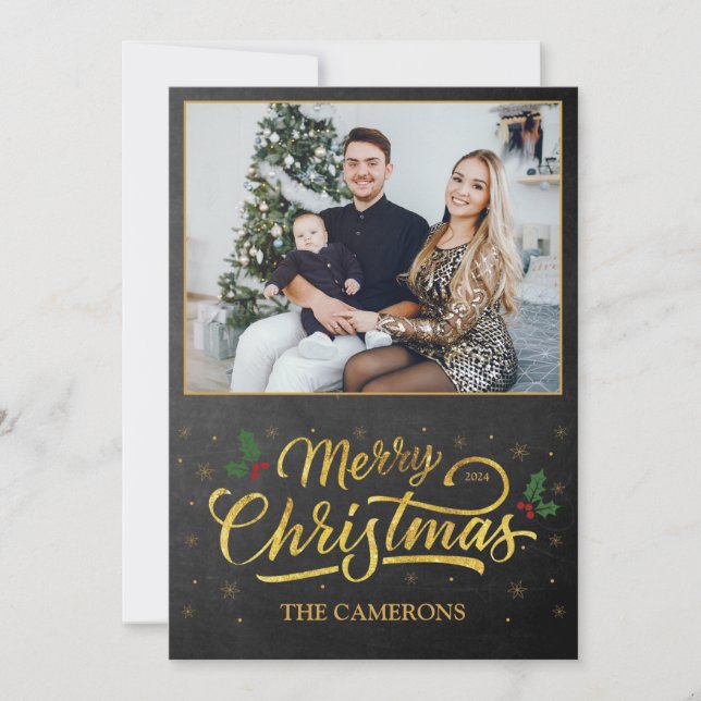Elegant Gold Merry Christmas Family Photo Card (Front)