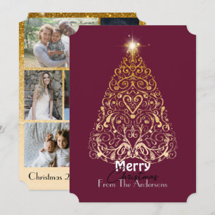 Elegant gold Merry Christmas filigree tree holiday Thank You Card