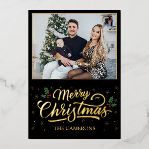 Elegant Gold Merry Christmas, Holly Berry Foil Holiday Card