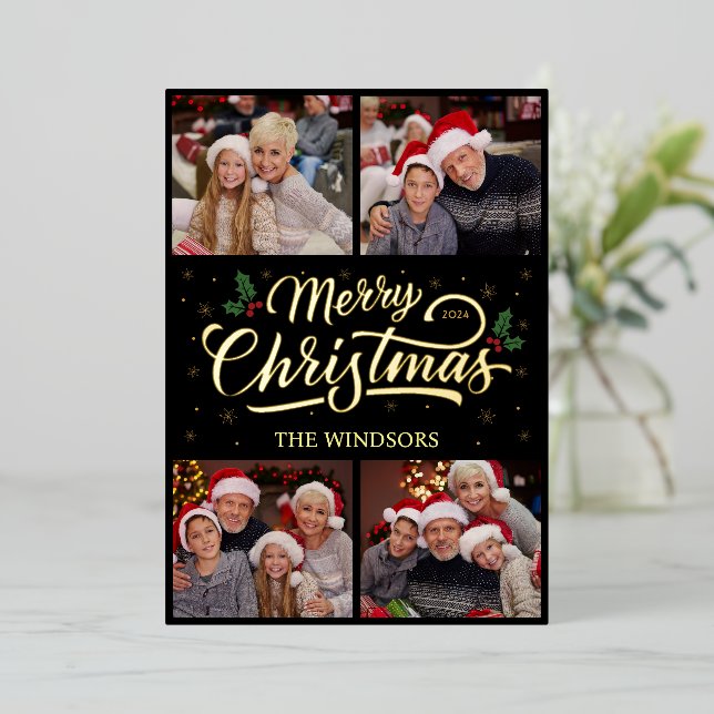 Elegant Gold Merry Christmas Photo Collage Foil Holiday Card (Standing Front)