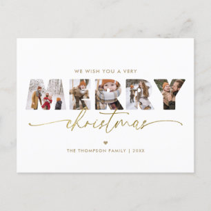 Elegant Gold Merry Christmas Photo Collage Holiday Postcard