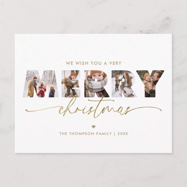 Elegant Gold Merry Christmas Photo Collage Holiday Postcard (Front)