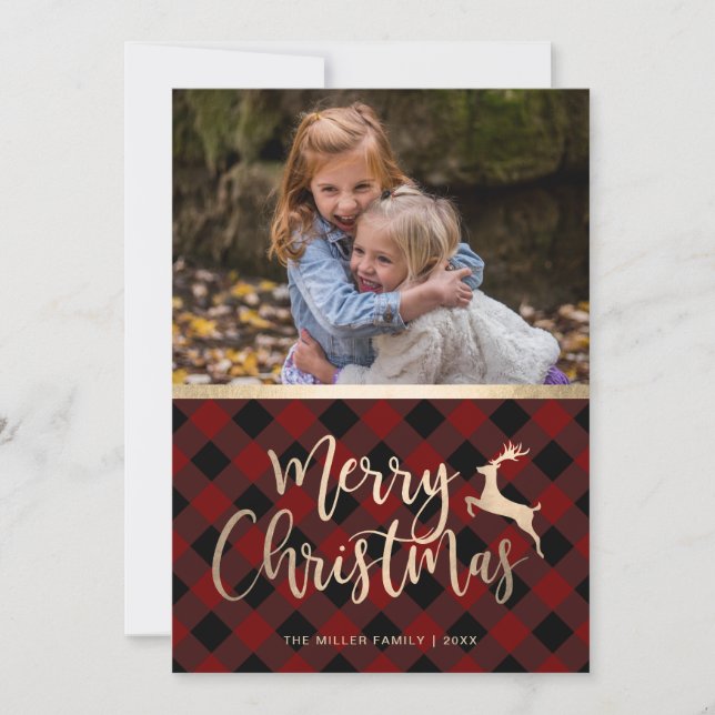 Elegant Gold Merry Christmas Plaid Custom Photo Holiday Card (Front)