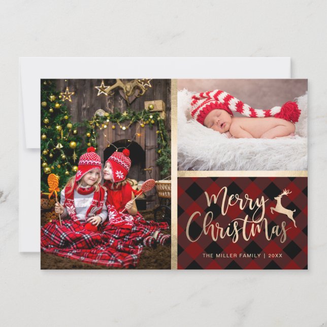 Elegant Gold Merry Christmas Plaid Custom Photo Holiday Card (Front)