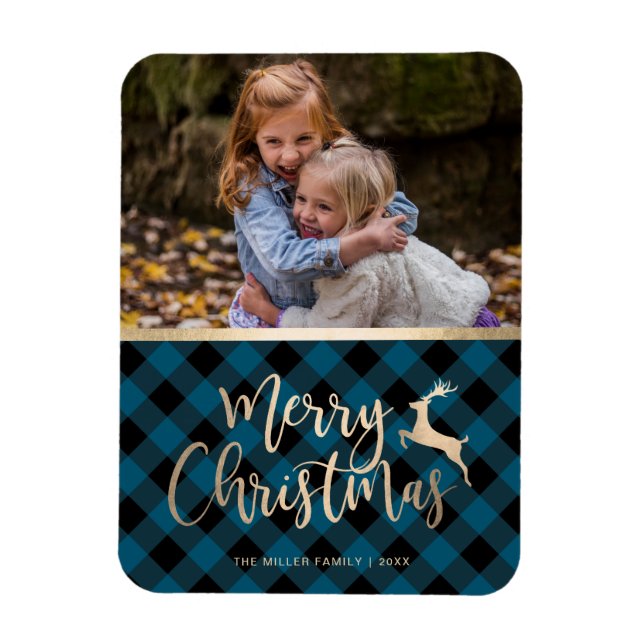 Elegant Gold Merry Christmas Plaid Custom Photo Magnet (Vertical)
