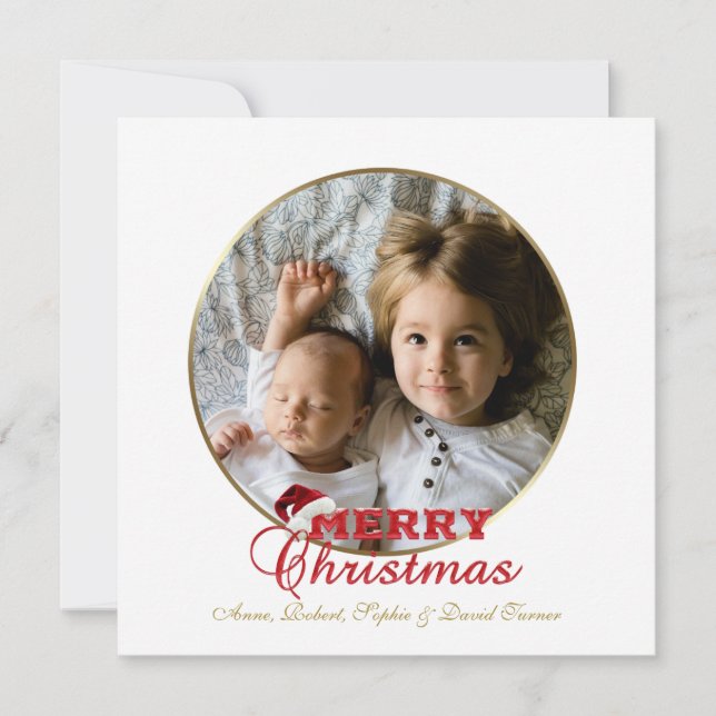 Elegant gold Merry Christmas Script Photo Monogram Holiday Card (Front)