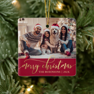 Elegant Gold Merry Christmas Script Photo Red Ceramic Ornament