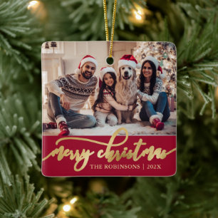 Elegant Gold Merry Christmas Script Photo Red Ceramic Ornament