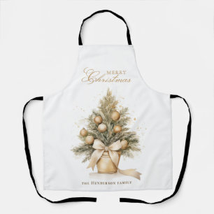 Elegant Gold Merry Christmas Tree Custom Name Apron