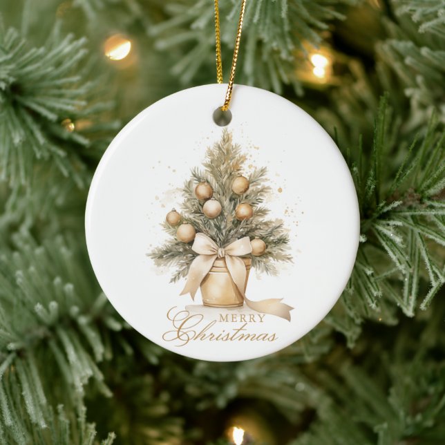 Elegant Gold Merry Christmas Tree Custom Photo Ceramic Tree Decoration (Tree)