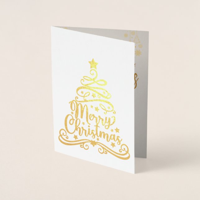 Elegant Gold Merry Christmas Tree Custom Photo Foi Foil Card (Front)