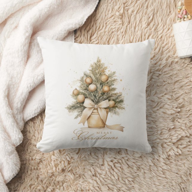Elegant Gold Merry Christmas Tree Watercolor Cushion (Blanket)