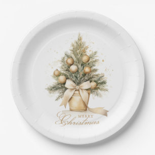 Elegant Gold Merry Christmas Tree Watercolor Paper Plate