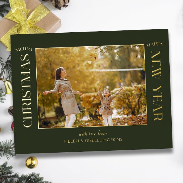 Elegant Gold Merry Christmas Typography Photo Foil Holiday Postcard (Creator Uploaded)