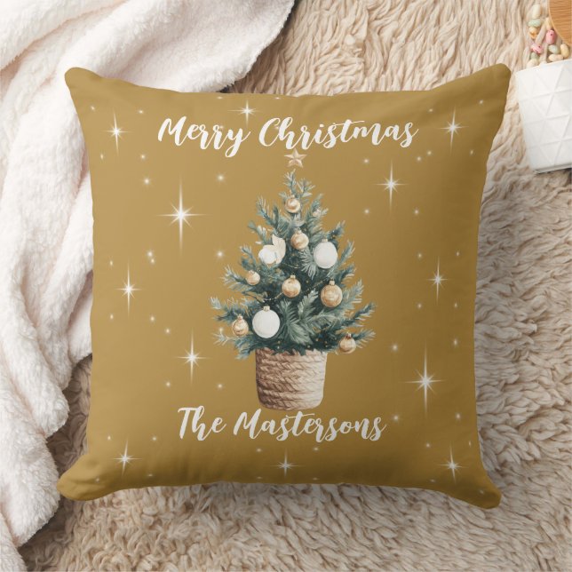 Elegant Gold Merry Christmas with Stars  Cushion (Blanket)