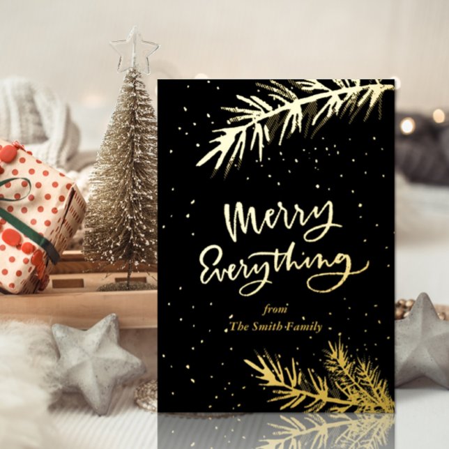 Elegant Gold Merry Everything Pine Bough on Black Foil Holiday Card (Creator Uploaded)