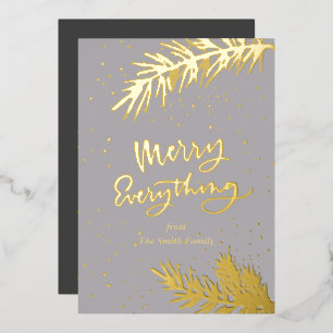 Elegant Gold Merry Everything Pine Bough on Grey Foil Holiday Card