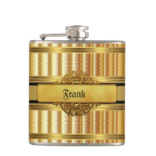 Elegant Gold Metal look Monogram Name Hip Flask
