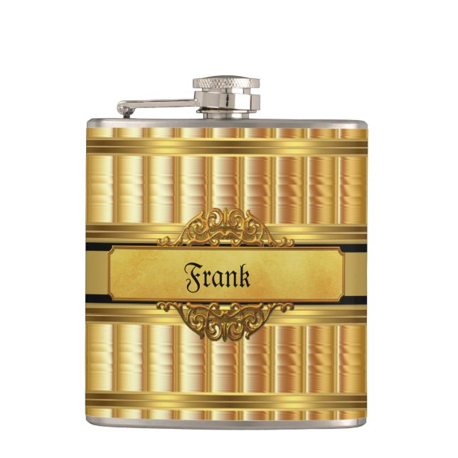 Elegant Gold Metal look Monogram Name Hip Flask (Front)