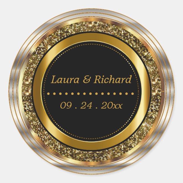 Elegant Gold Metallic and Black Classic Round Sticker (Front)