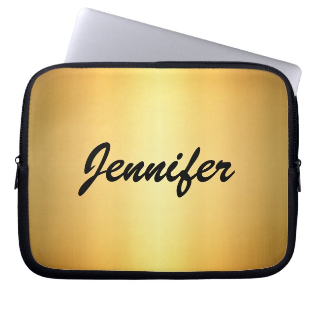 Elegant Gold Metallic Modern Script Personalized Laptop Sleeve (Front)
