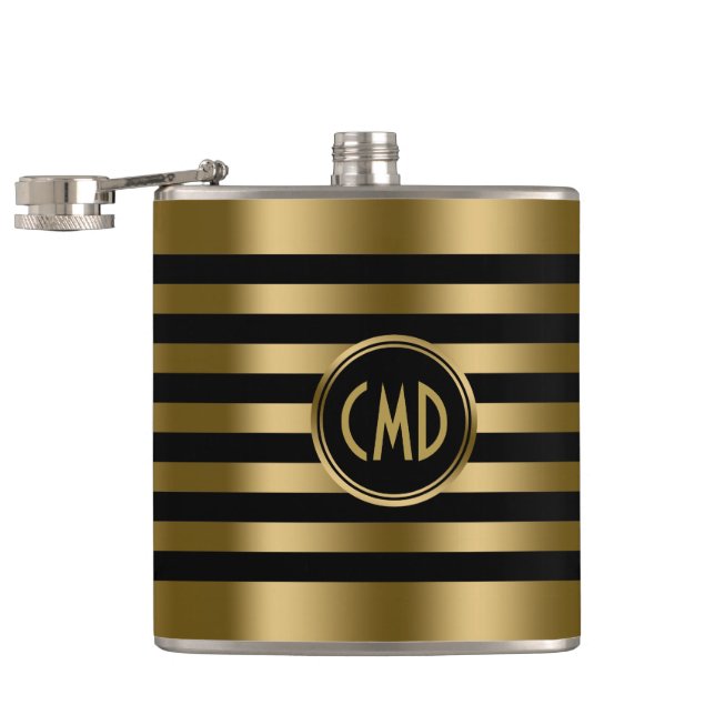 Elegant Gold Metallic Stripes Black background Hip Flask (Opened)