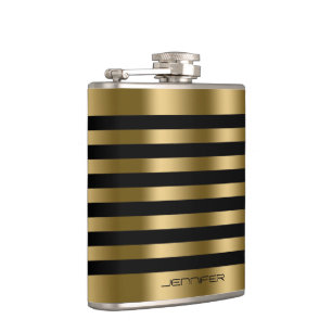 Elegant Gold Metallic Stripes Black Background Hip Flask