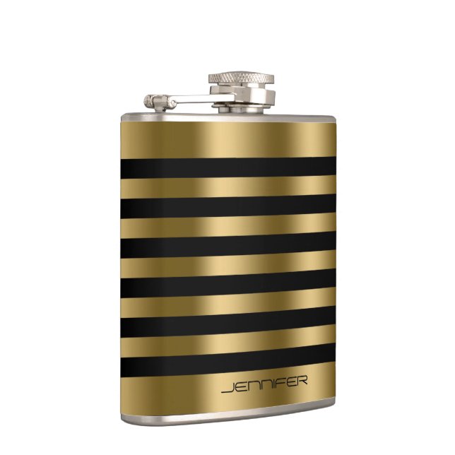 Elegant Gold Metallic Stripes Black Background Hip Flask (Right)