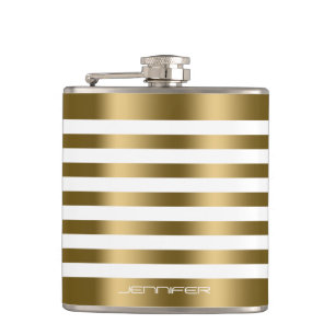 Elegant Gold Metallic Stripes White background Hip Flask