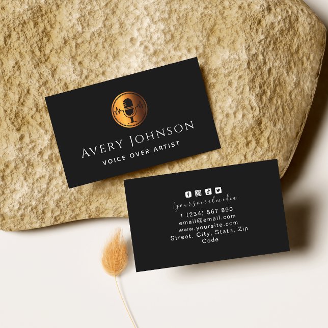 Elegant Gold Microphone Logo Voice Over Artist Business Card (Creator Uploaded)