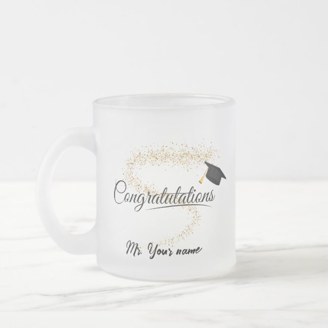 Elegant Gold Minimal Graduation School cap name Frosted Glass Coffee Mug (Left)