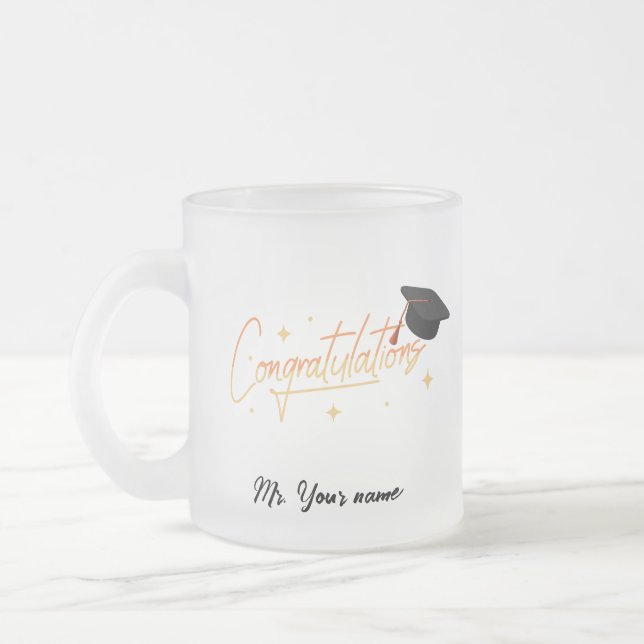 Elegant Gold Minimal Graduation School cap name Frosted Glass Coffee Mug (Left)
