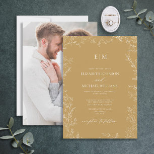 Elegant Gold Minimal Leaf Photo Monogram Wedding Invitation