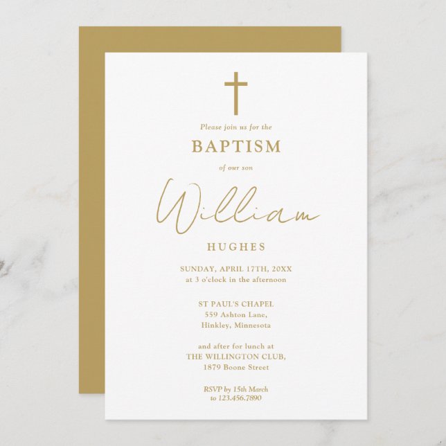 Elegant Gold Minimalist Baptism Christening Invitation (Front/Back)