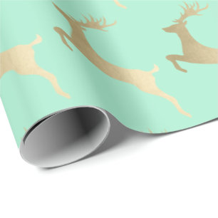 Elegant Gold Mint Christmas Reindeer Pattern Wrapping Paper
